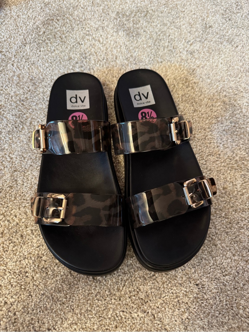DV by Dolce Vita Black Leopard-Print Double Buckle Slide Sandals